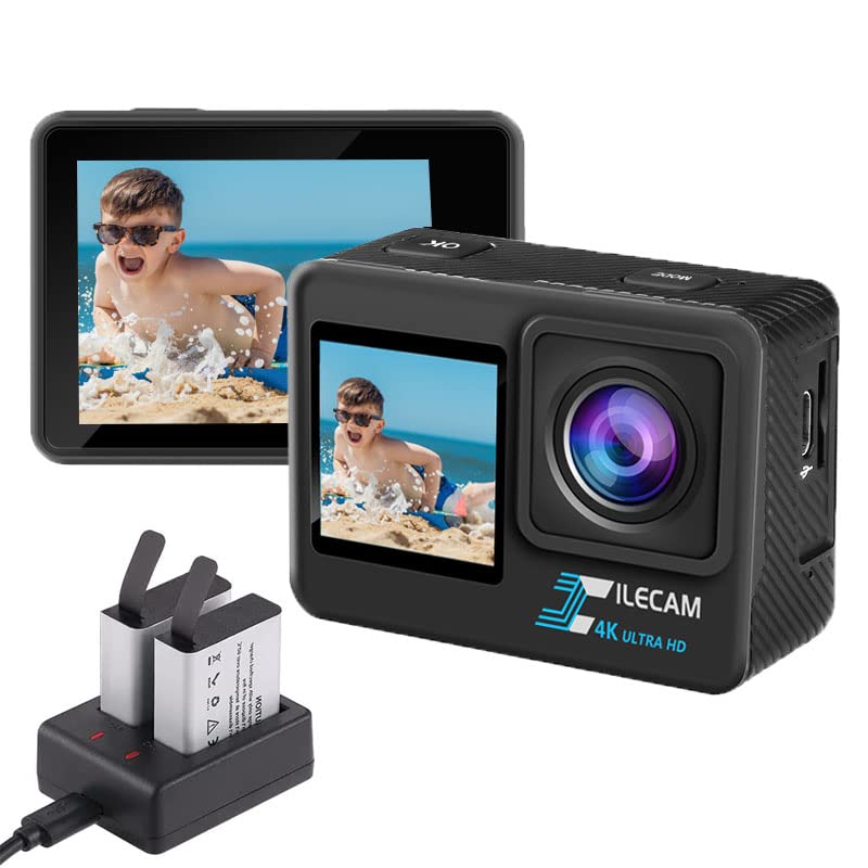 Xile Action Cam 4K WiFi wasserdichte Kamera 4*Zoom Dual-Bildschirm 131FT wasserdichte Unterwasserkamera mit 2X 1350mAh Akku undMultifunktionale Zubehörtasche
