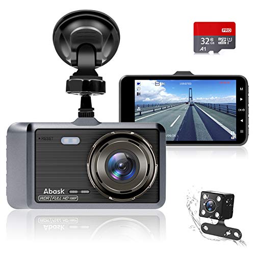 Abask Dashcam Auto Vorne und Hinten Autokamera mit 32 GB SD-Karte, 4 Zoll Full HD 1080P, 170 ° Weitwinkel, Nachtsicht, G-Sensor, WDR, Loop-Aufnahm, Parküberwachung und Bewegungserkennung