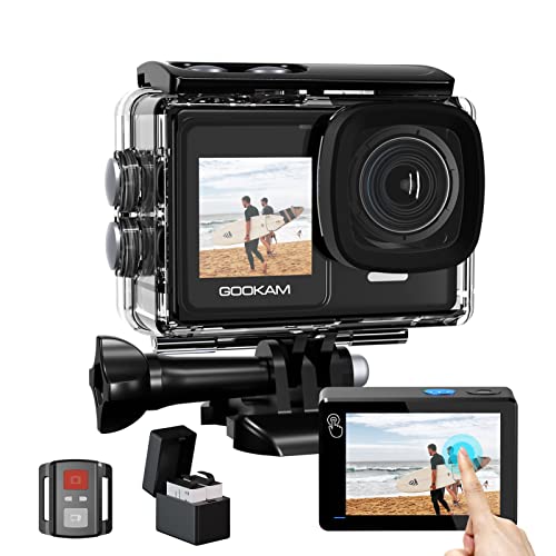 GOOKAM 4K 60fps 24MP Action Cam WiFi Actionkamera Dualscreen Touchscreen 40M Unterwasserkamera EIS Sportkamera 2.4G Fernbedienung Helmkamera 170°Weitwinkel mit 2x1350mAh Akkus(GO9)