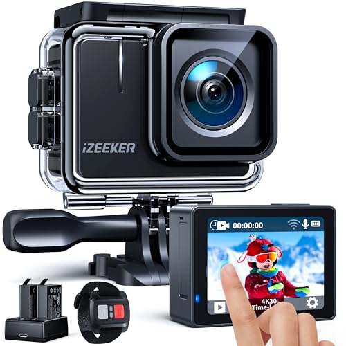 iZEEKER Action Cam 4K 30FPS 20MP, 40M Wasserdicht, Unterwasserkamera mit Stabilisierung, Touchscreen Videokamera, 170°Weitwinkel Helmkamera, 2X1050 mAh Akkus, WiFi, 2.4G Fernsteuerung, Zubehör Kit