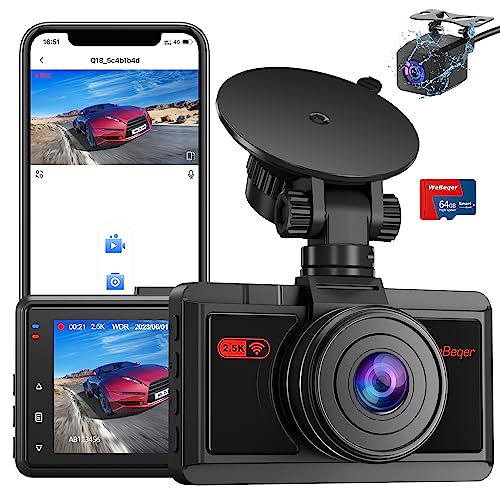 WiFi Dashcam Auto Vorne und Hinten, 2.5K+1080P Dual Autokamera Mit 64G SD Karte, App-Steuerung, Nachtsicht, WDR,170°+140°Weitwinkel, Parküberwachung, G-Sensor, Loop-Aufnahme