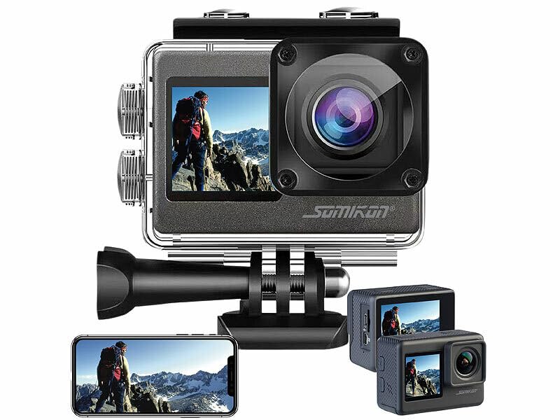 Somikon Action Camera: 6K-Actioncam mit 2 Farbdisplays, WLAN, Bildstabilisierung, Sony-Sensor (Action Cam, Unterwasserkamera, iPad Halterung)