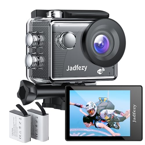 Jadfezy WiFi Action Cam HD 1080P, 12MP Action Kamera Weitwinkel 2 'LCD-Bildschirm, Unterwasserkamera wasserdicht bis 30m/98FT mit 2×1050 mAh Batterien und Zubehör Kit für Helm und Fahrrad usw.