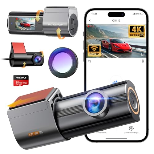 Dashcam Auto Vorne Hinten 4K+1080P Dual Dash Cam 360° Drehbar mit 64GB SD Karte, 1.47' IPS Mini Auto Kamera mit CPL, Super Nachtsicht, WDR, G-Sensor, Loop-Aufnahme, APP Steuerung, Max 256GB
