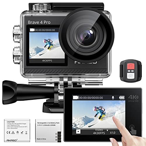 AKASO Action cam 4K wasserdicht Unterwasserkamera 40M - Ultra HD 20MP 170 ° Weitwinkel WiFi Sports Kamera Doppelbildschirm, EIS Stabilisierung, Touchscreen, 5X Zoom, Dual 1350mAh Akku&Montagesets