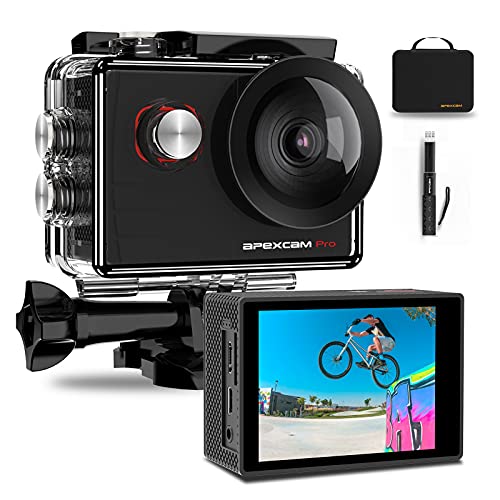 Apexcam Pro Action Cam 4K 20MP Sportkamera WiFi Unterwasserkamera 2.4G Fernbedienung Wasserdicht 40m 2.0 Zoll LCD Bildschirm 170 ° Weitwinkel mit Zwei 1200mAh Batterien externes Mikrofon