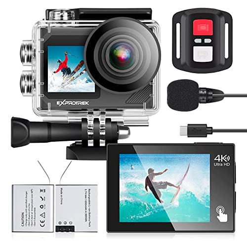 Exprotrek Action Cam,4K 30fps Ultra HD, 40m 100Fuß wasserdichte Unterwasserkamera, WiFi, 170° Ultraweitwinkel, Fernbedienung, 2 Akku und Helmzubehör-Kit