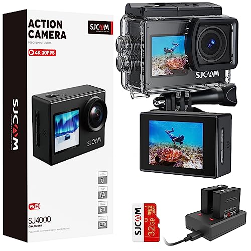 SJCAM Upgraded SJ4000 Action Kamera 4K Ultra HD Dual Screen Unterwasserkamera 98FT Wasserdicht, 170° Weitwinkel, Stabilisierung, WiFi Kamera mit extra Akku, SD Karte, Helm Zubehör Kit