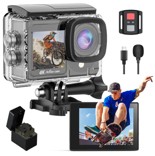 TIMNUT 4K Action Kamera Touchscreen - Dual Screen Ultra HD EIS WiFi Sports Kamera,40M Unterwasserkamera 170°Weitwinkel Videokamera 20MP Wasserdicht Helmkamera mit Fernbedienung und 2 Batterien