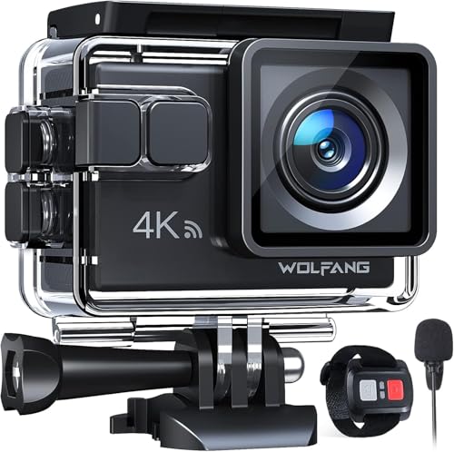 WOLFANG GA100 Action Cam 4K 20MP Unterwasserkamera WiFi 40M wasserdichte EIS Bildstabilisator Helmkamera 170°Weitwinkel Camcorder (Externem Mikrofon, 2.4G Fernbedienung, 2 Akkus und Zubehör Kit)