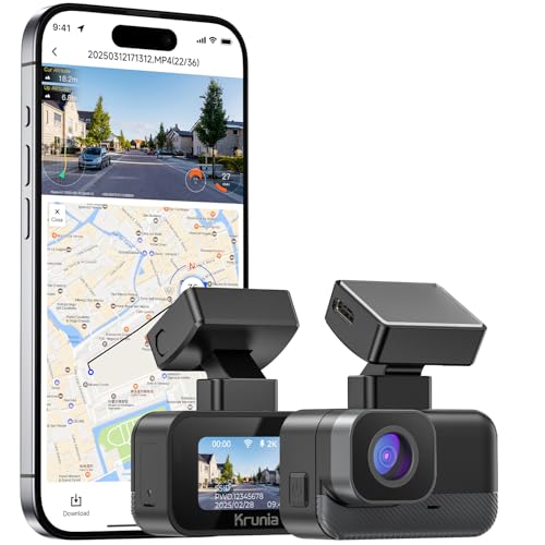 Krunia 2K WiFi Mini Dashcam Auto, Frontkamera mit App, CPL-Unterstützung, Externes GPS, WDR-Nachtsicht, 24Std Parküberwachung, Magnethalterung, Superkondensator, 170° Weitwinkel Kamera
