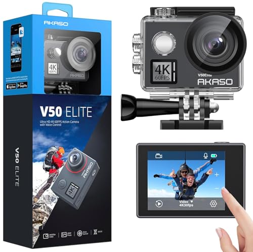 AKASO Action Cam 4K60FPS 40M Unterwasserkamera 20MP WiFi Action Kamera mit Touchscreen EIS mit 8X Zoom Sprachsteuerung Fernbedienung Zubehör Kit Sportkamera (V50 Elite)