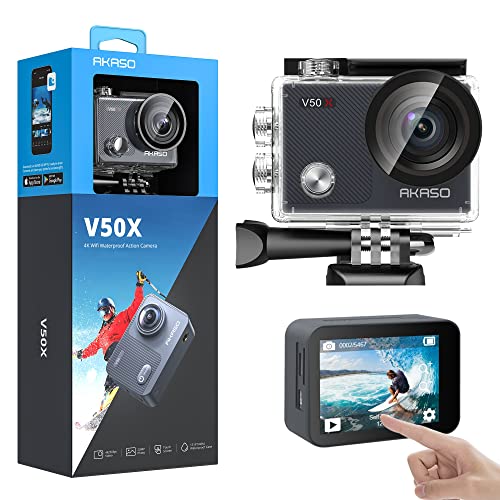 AKASO Action Cam 4K30FPS 20MP WiFi Unterwasserkamera 40M EIS Anti-Shake Action Kamera 4X Zoom mit Touchscreen, Fernbedienung, Sportkamera Wasserdicht Gehäuse,Helmzubehör-Kit V50X