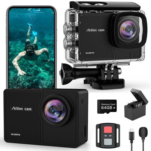 4K 60FPS Action Camara - Waterproof Camera with 64G SD Card 48MP HD WiFi Camera with EIS 40M Underwater Camera Wide Angle Sports Camera with 2 * 1350 mAh Batteries Helmet Mount Accessories Kits