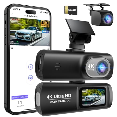 Dashcam Auto Vorne Hinten 4K + 1080P, WiFi Dash Cam Kamera, Kostenlose 64-GB-Karte, Dasch-cam mit Nachtsicht, Dash Camera mit 24H parküberwachung, G-Sensor, Loop-Aufnahme, APP Steuerung