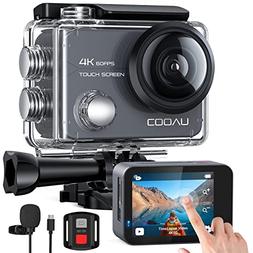 COOAU Action Cam 4K60fps 20MP Touchscreen WiFi Sport Kamaras mit 8 x Zoom, 6-Achsen-Anti-Shake-EIS, Unterwasserkamera 40M wasserdichtes Gehäuse, verstellbares externes Mikrofon, 2 x 1350-mAh-Batterien