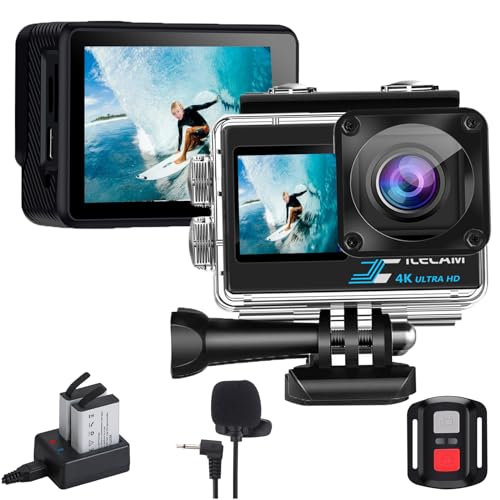 Xilecam Action Cam 4K WiFi wasserdichte Kamera Dual-Bildschirm 131FT Sports Kamera Ultra HD Unterwasserkamera mit 2X 1350mAh Akku undMultifunktionale Zubehörtasche